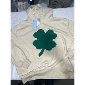 Modern Lux Womens Shamrock Hoodie Cream Green Four Leaf Clover Sweatshirt M NWT